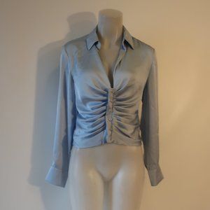 NWT Womens ASTR Light Blue Silk Shirred Button Top Blouse S *